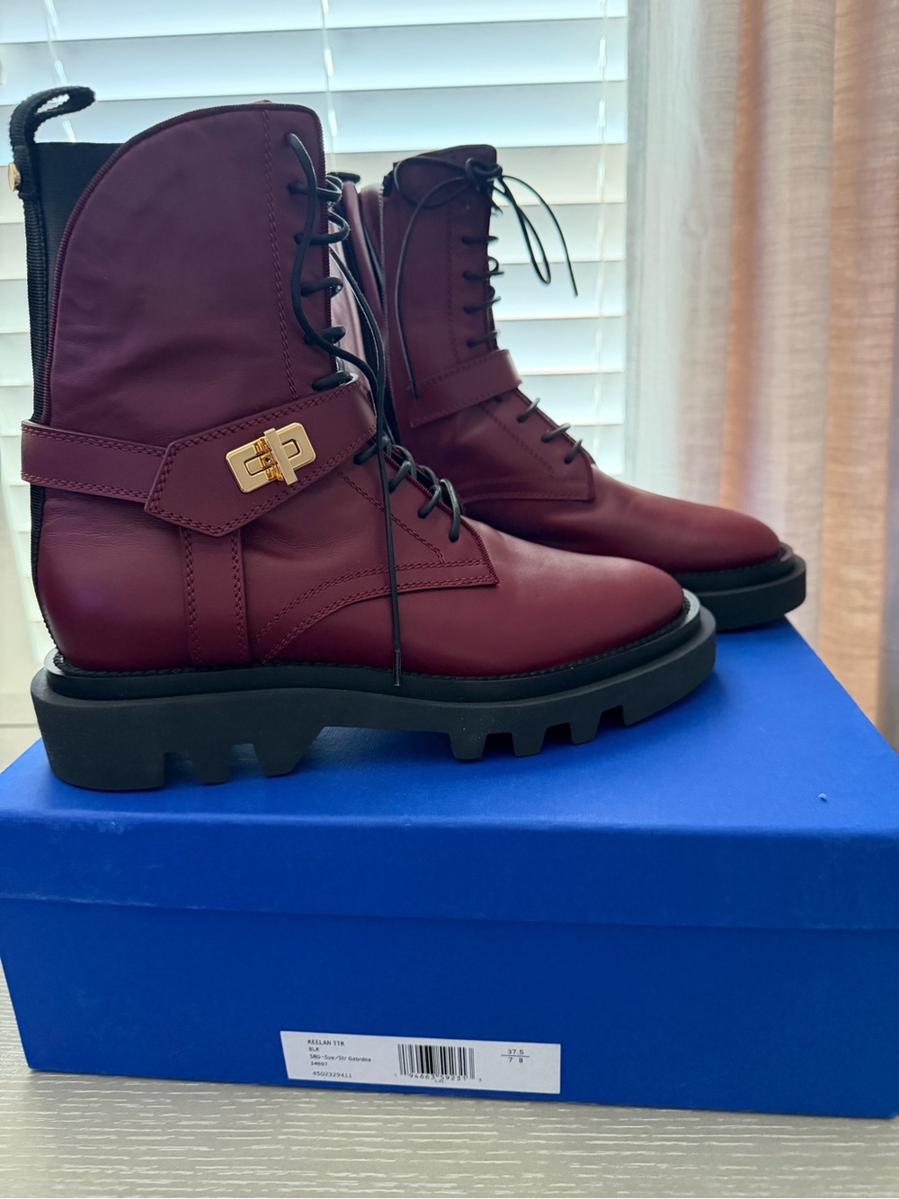 Givenchy Burgundy Leather Combat Boots with Black Lug Soles